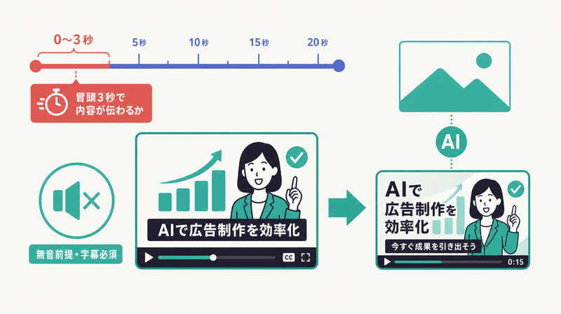 音声オフ前提で冒頭3秒勝負・字幕必須というX動画広告の設計ポイントと、静止画から動画バナーへ展開する流れを示す図