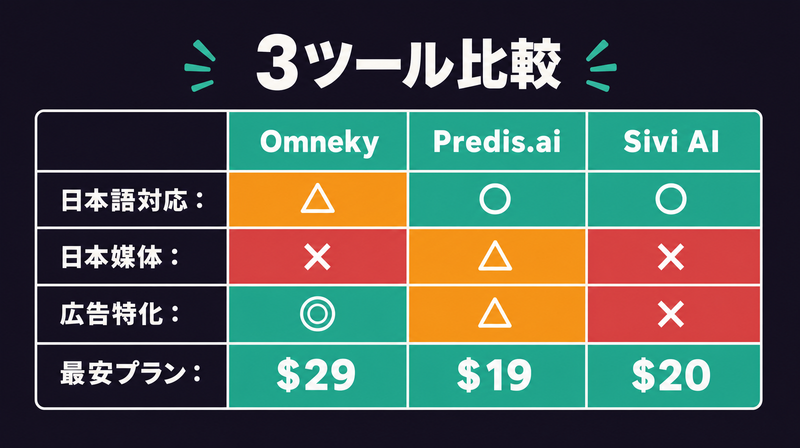 Omneky・Predis.ai・Sivi AI 3ツール比較マトリクス