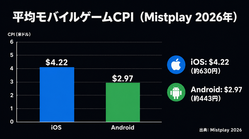 モバイルゲームの平均CPI（iOS 630円・Android 443円）の棒グラフ