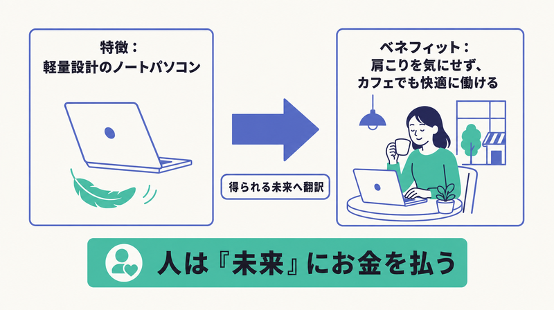軽量設計という特徴を、肩こりなくカフェで快適に働けるという得られる未来へ翻訳するベネフィットの書き方を示した図