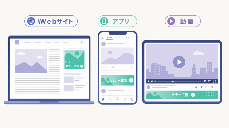 バナー広告が表示される3つの場所(Webサイト・アプリ・動画)を示した図