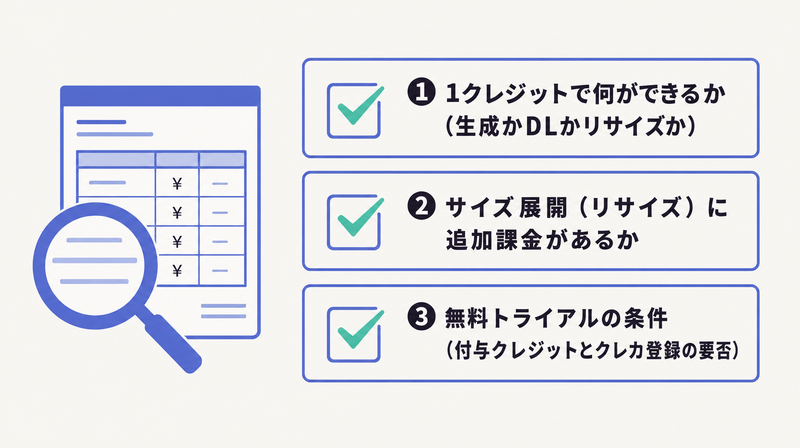1クレジットの内容・リサイズ追加課金の有無・無料トライアル条件という料金体系を見抜く3つのチェックポイントを示したチェックリスト図