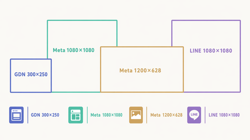 主要4媒体（GDN・YDA・Meta・LINE）のバナー広告サイズを比較した図