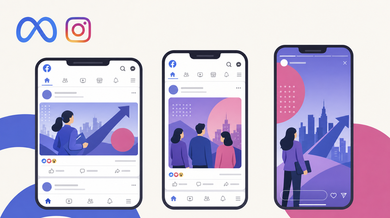 Meta広告（Facebook・Instagram）求人バナーの配信面別サイズ（フィード・ストーリーズ）モックアップ