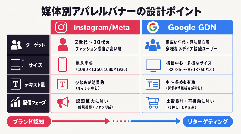 アパレルバナー広告の媒体別比較(Instagram vs GDN)の特性マトリクス