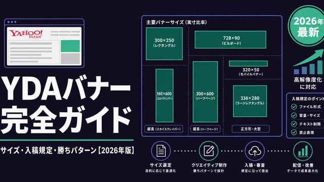 主要バナーサイズを実寸比率で格子状に並べYDAのサイズと規定を構造的に整理したストラクチャー型サムネイル