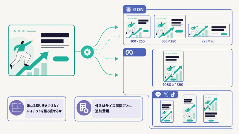 1つの訴求をGDN・Meta・LINEなど媒体別サイズへ自動展開する構造を示す図