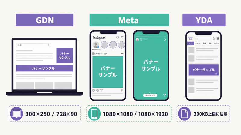 美容クリニック広告バナーの媒体別推奨サイズ（GDN・Meta・YDA）比較図