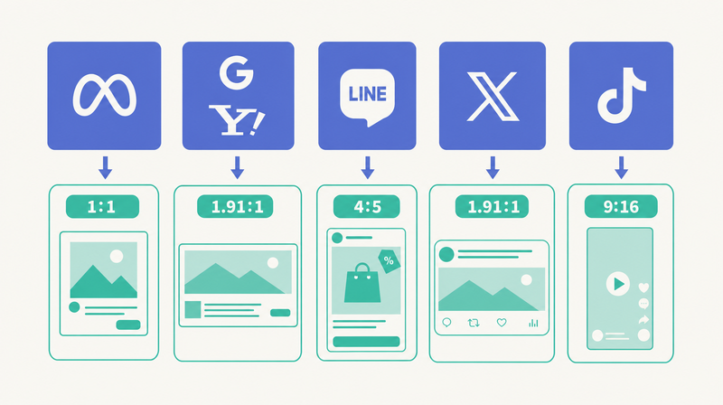 Meta・Google/Yahoo・LINE/X/TikTokなど媒体別に最適サイズと見せ方が変わることを示す一覧図
