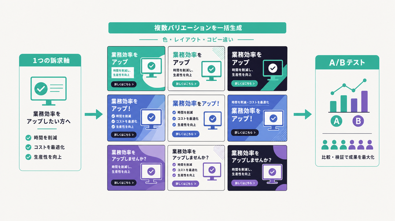同じ訴求軸から色やコピー違いの複数バナーを一括生成しA/Bテストの弾がそろう様子のグリッド図