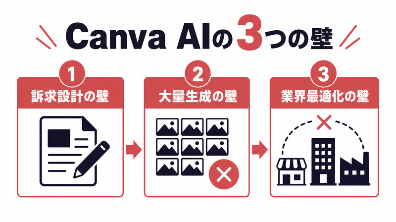 Canva AIが広告制作に抱える3つの構造的課題のインフォグラフィック
