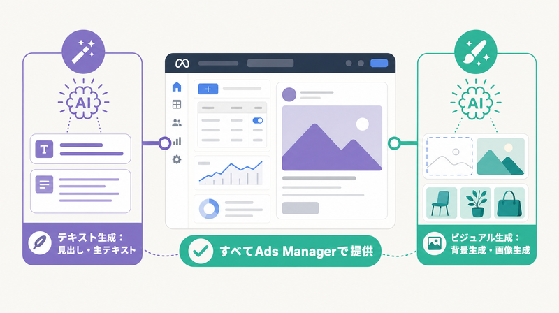 Meta広告AIのテキスト生成とビジュアル生成を2系統で整理した概念図