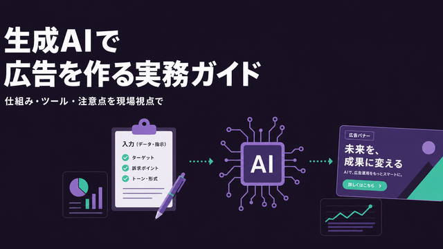 生成AIで広告を作る実務ガイドを示すエディトリアル風サムネイル