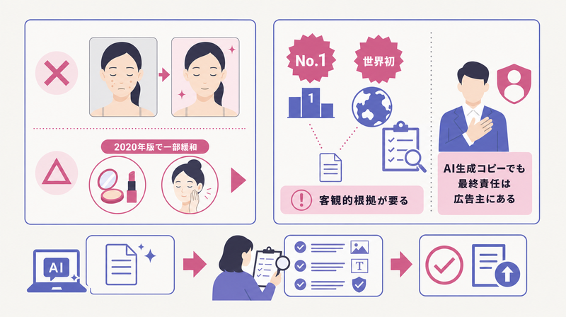ビフォーアフター表現と誇大表現の扱い・優良誤認の注意点を示す図