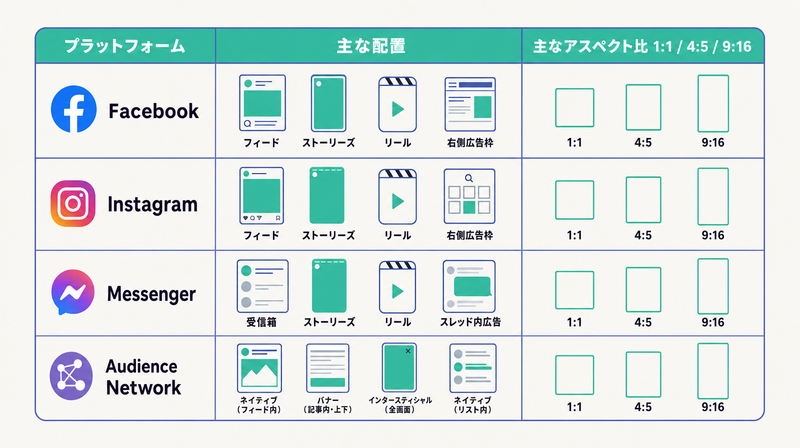4プラットフォームの主な配置と対応アスペクト比を一覧にしたMeta広告の配信面マップ図