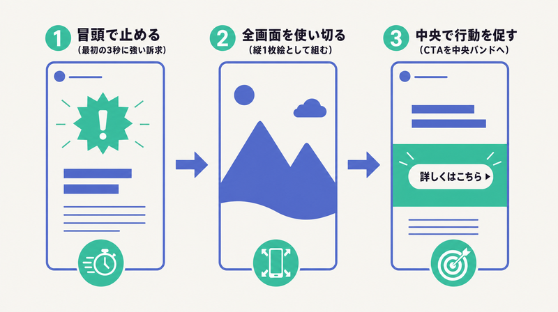 冒頭で止める→全画面を使い切る→中央で行動を促すの3段でストーリーズ広告を設計する型を示すフロー図