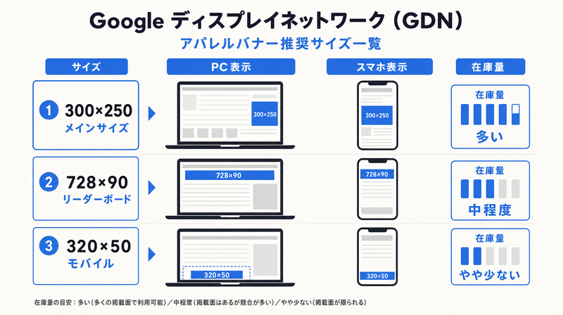 GDN(Google ディスプレイネットワーク)アパレルバナー推奨サイズ(300×250・728×90・320×50)一覧図