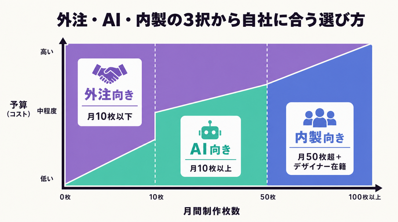 月間制作枚数×予算軸で外注・AIツール・内製の最適ゾーンを示したマトリクス図