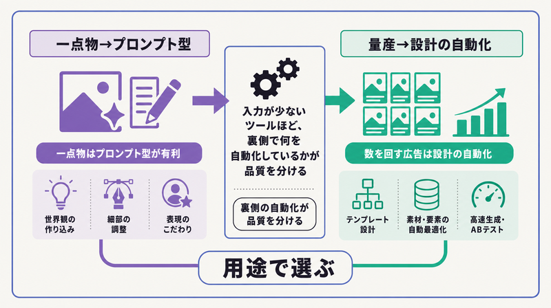 裏側の自動化が品質を分け、一点物はプロンプト型・量産は設計の自動化と用途で選ぶことを示す図