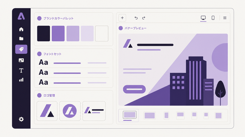 Adobe Express風のブランドキット機能(カラー・フォント・ロゴの一元管理)UIイメージイラスト