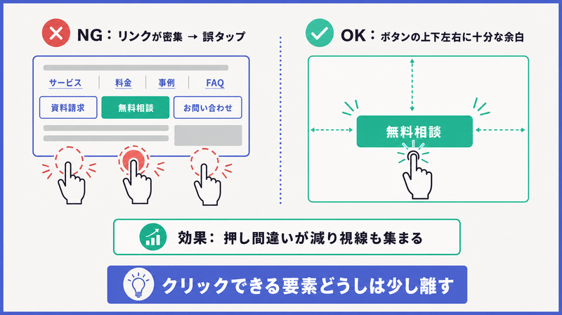 リンクが密集して誤タップする例と上下左右に余白をとってボタンを孤立させる例を対比した図