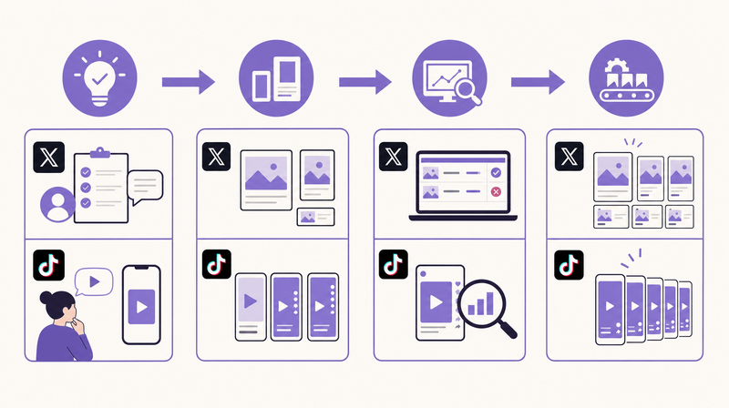 X・TikTok広告クリエイティブ量産の4ステップフロー図