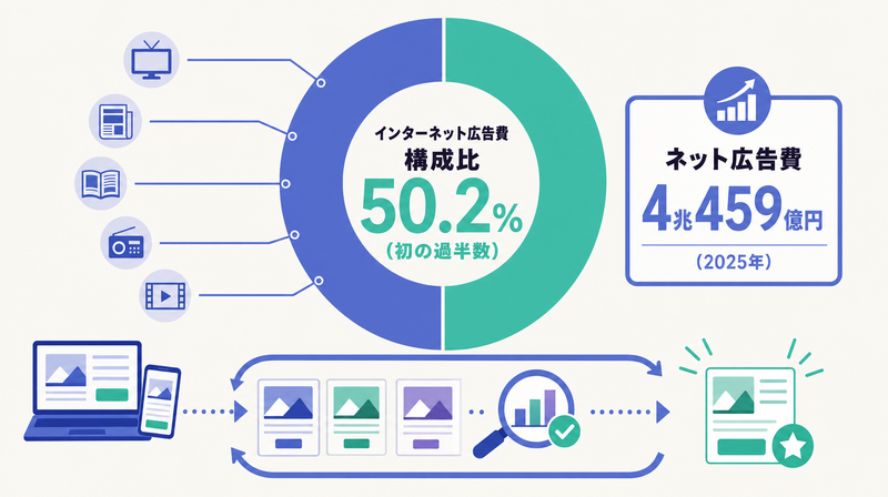 2025年ネット広告費4兆459億円・構成比50.2%で検証量が成果を分けることを示す図