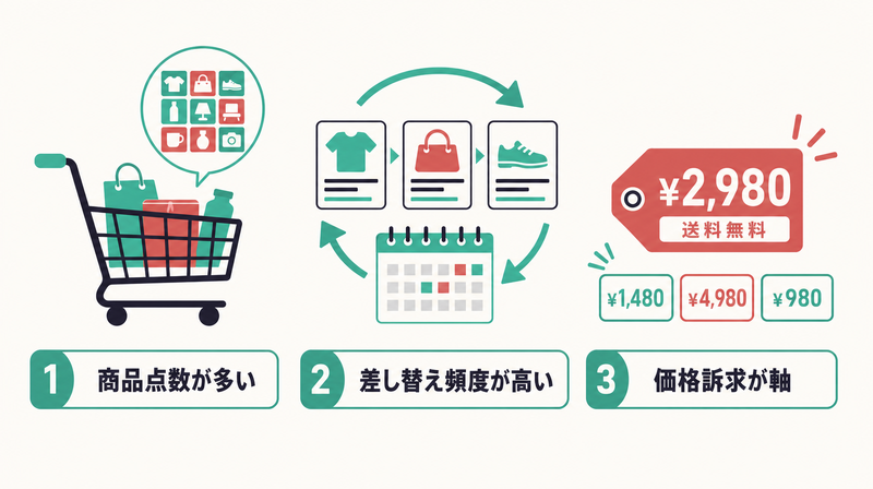 EC運用バナーが他業種と違う3つの特徴（商品点数・差し替え頻度・価格訴求）を象徴するイラスト