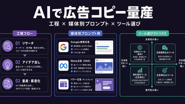 AI広告コピーの工程・媒体別プロンプト・ツール選びを整理した構造図サムネイル