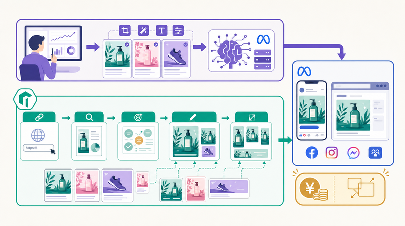 Meta側のAIとTaskyの分業によるMeta広告素材量産のワークフロー図