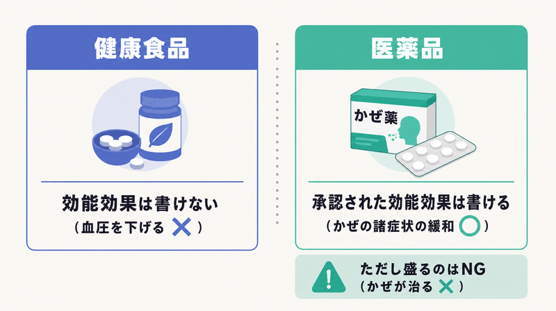 健康食品は効能効果を書けず医薬品は承認範囲で書ける違いを示す対比図
