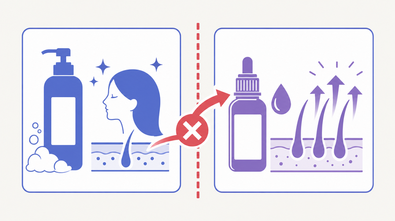 シャンプーと育毛剤のカテゴリ境界を示し育毛発毛がシャンプーでNGな理由を示す図