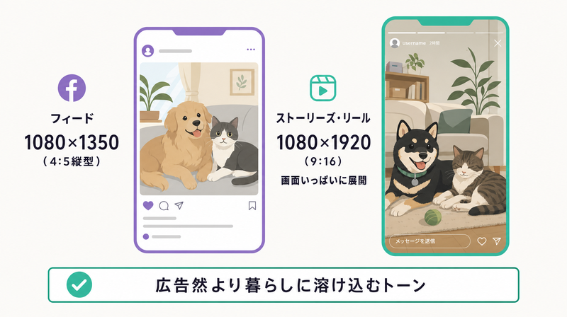 フィード1080×1350とストーリーズ1080×1920を実寸比で並べ暮らしに溶け込むトーンを添えたMeta・Instagramのサイズ設計図