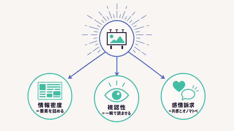 情報密度・視認性・感情訴求という日本広告デザインの3つの特徴を構造化した俯瞰図