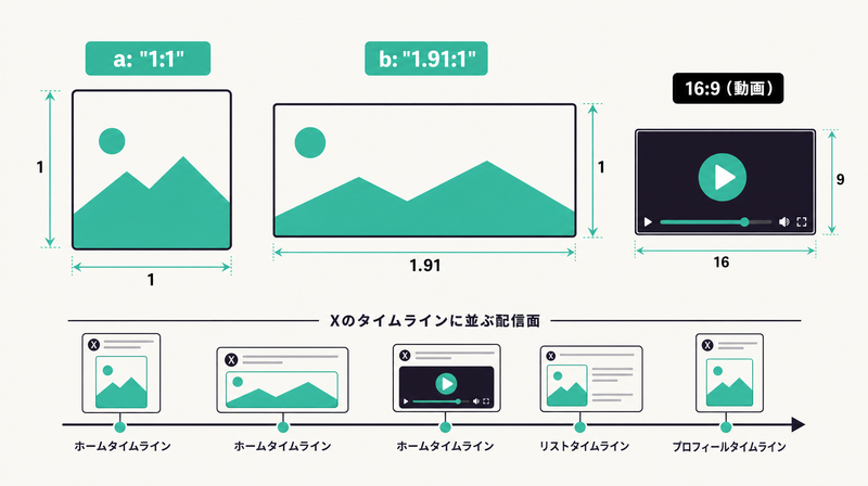 X広告の主役サイズである1:1と1.91:1の比率違いを並べた一覧図