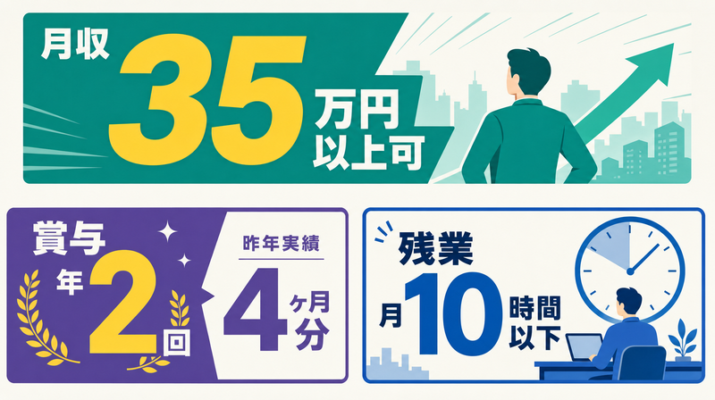 検討フェーズ向け給与・待遇訴求の求人バナー広告デザイン例（月収○万円・賞与・残業）