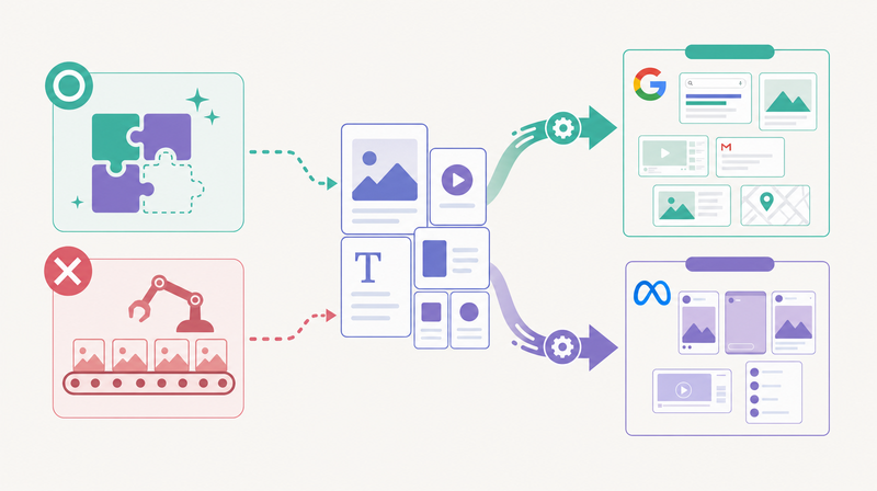 GoogleとMetaのAIが入稿済み素材の組み合わせ最適化を担う領域を示す図