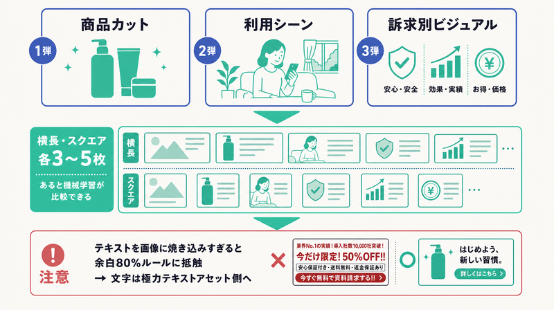 商品カット・利用シーン・訴求別の役割違い画像を横長スクエア各3〜5枚そろえ文字は焼き込まないことを示した図