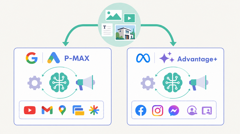 Google P-MAXとMeta Advantage+がともに素材を起点に配信を自動化することを示す対比図