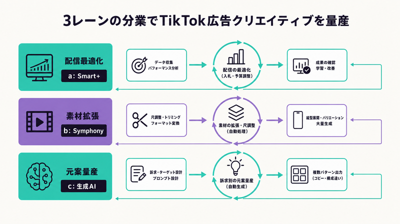 配信最適化(Smart+)・素材拡張(Symphony)・元案量産(生成AI)の3者で分業するフロー図