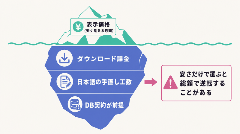 表示価格の下にダウンロード課金・日本語手直し・DB契約前提という隠れコストが沈む氷山モデルの図