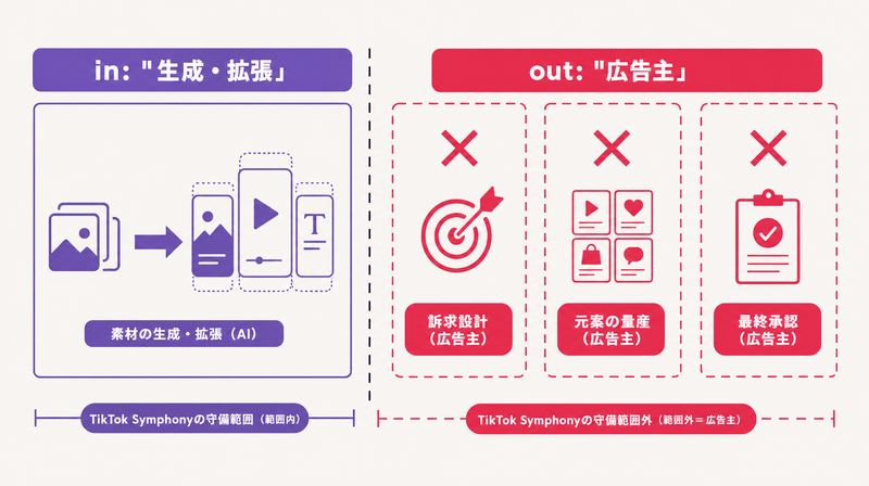 訴求設計・元案量産・最終承認がTikTok Symphonyの守備範囲外(広告主の役割)であることを示した図