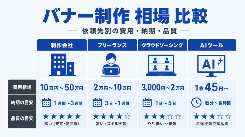 バナー制作費用を依頼先別に比較したコンセプト図