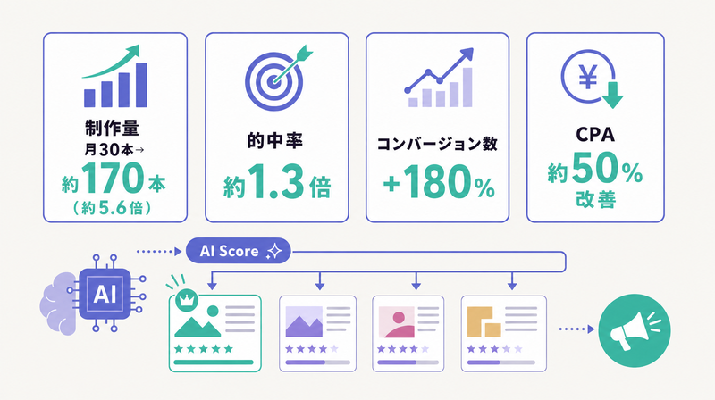 生成AIで制作量5.6倍・的中率1.3倍・CV180%増・CPA50%改善を示すデータ図
