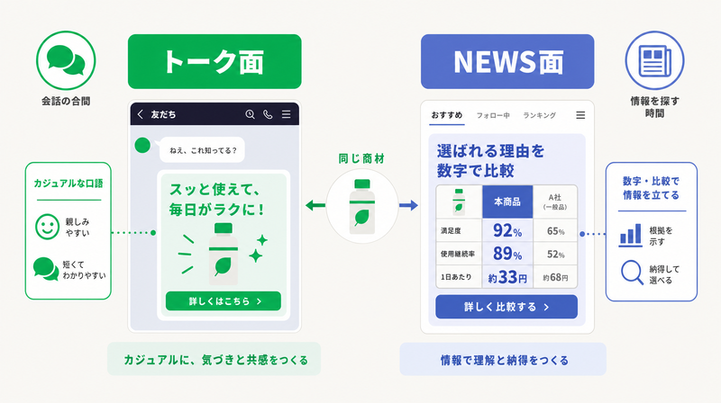 トーク面とNEWS面で表現の作法を変える違いを示した図
