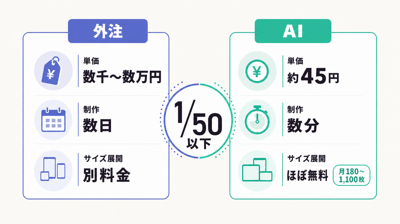 外注とAIの単価・制作時間・生成枚数・サイズ展開費を並べ、AIが1/50以下になることを示した比較図