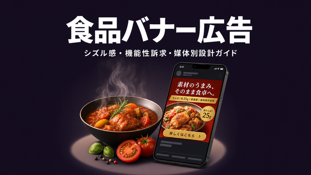 食品・飲料バナー広告のシズル感と設計ガイドを示すエディトリアルサムネイル