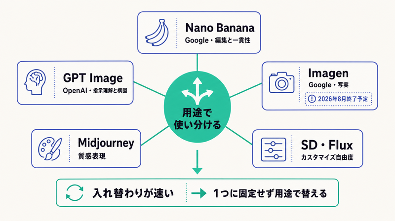 Nano Banana・GPT Image・Imagen・Midjourney・SD系の主要モデルを用途で使い分ける俯瞰コンセプト図