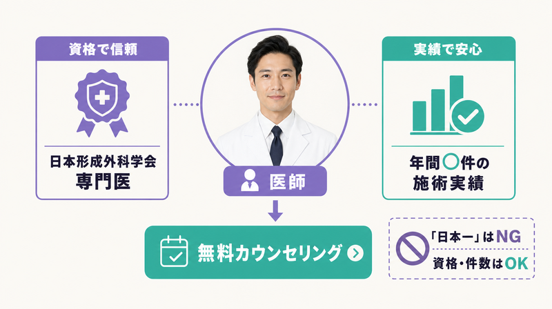 美容クリニックの信頼感・実績訴求バナー構成例（資格バッジ＋実績件数）