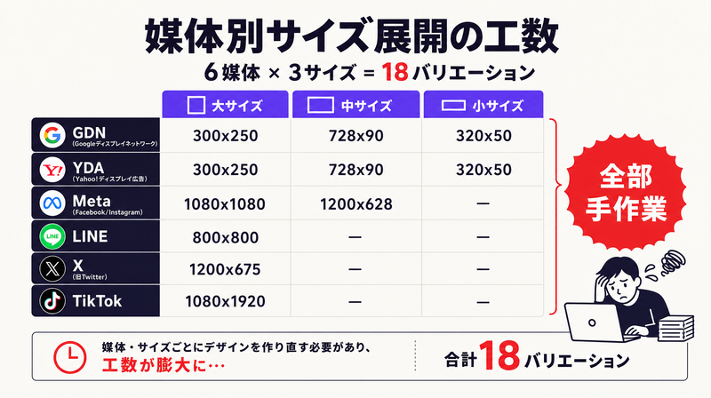 6媒体×3サイズ=18バリエーションの広告サイズ展開工数をマトリクス図で示したもの。